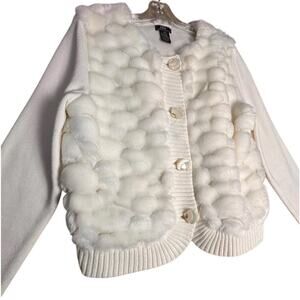 Lisa International Faux Fur Bubble Cardigan Sweater Ivory Cream‎ Small